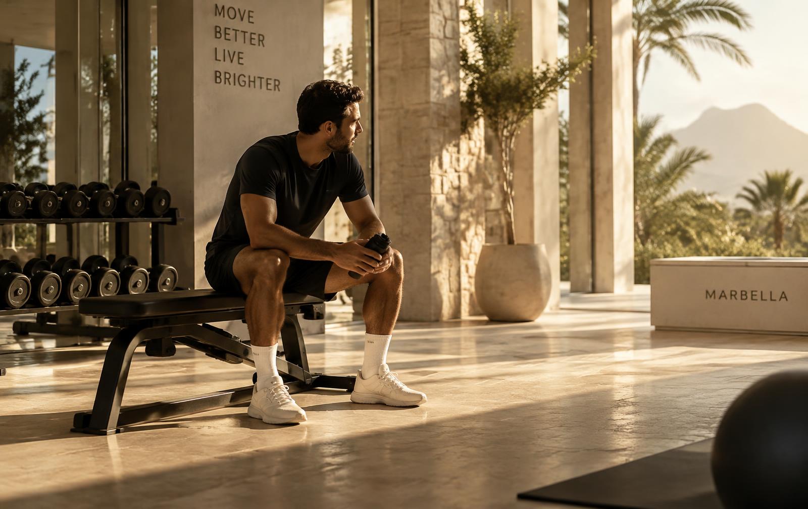 Member resting between sets at Elements Gym Marbella